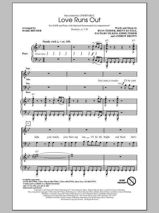 OneRepublic Love Runs Out (arr. Mark Brymer) sheet music notes and chords. Download Printable PDF.