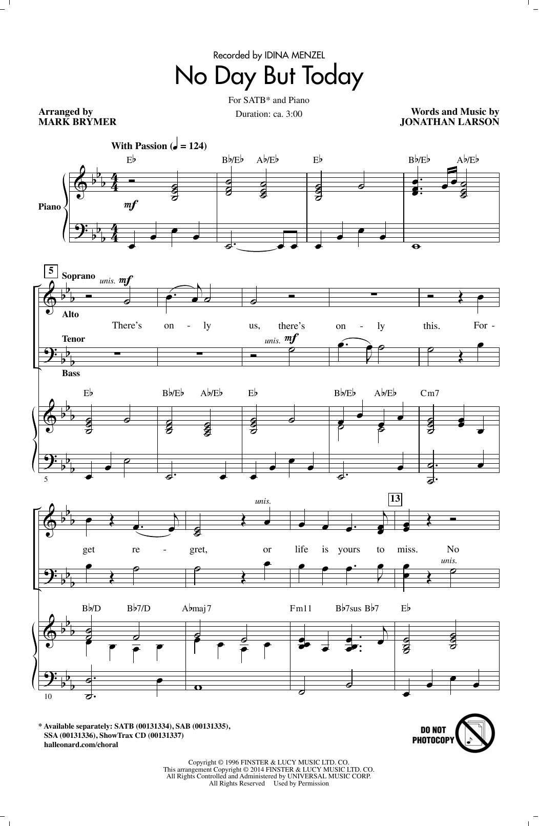 Jonathan Larson No Day But Today (arr. Mark Brymer) sheet music notes and chords. Download Printable PDF.