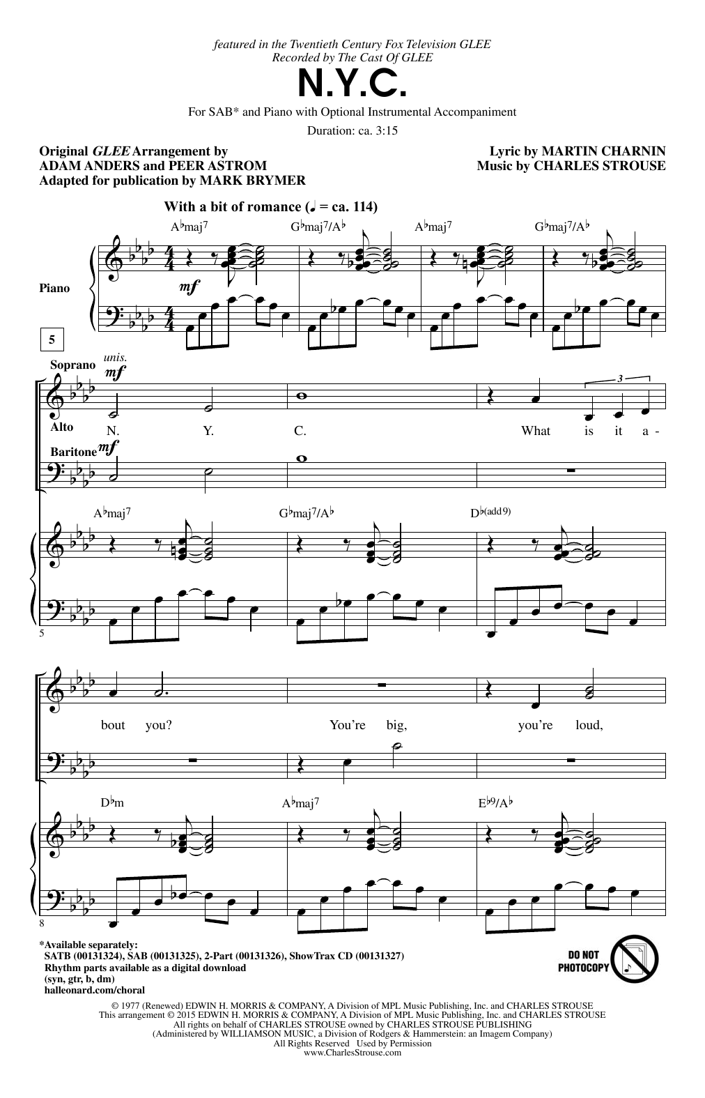 Learn to play Glee Cast N.Y.C. (arr. Mark Brymer) sheet music for SAB Choir in minutes. Price: 3.9900$ Glee Cast N.Y.C. (arr. Mark Brymer) sheet music notes and chords arranged for SAB Choir