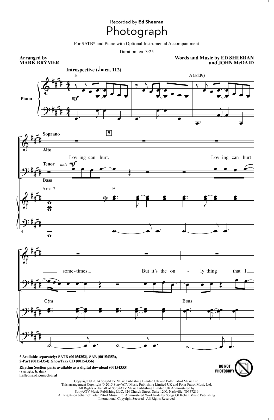 Learn to play Ed Sheeran Photograph (arr. Mark Brymer) sheet music for SATB Choir in minutes. Price: 3.9900$ Ed Sheeran Photograph (arr. Mark Brymer) sheet music notes and chords arranged for SATB Choir