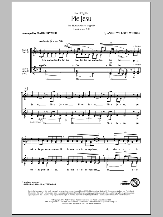 Learn to play Mark Brymer Pie Jesu (from Requiem) sheet music for SSA Choir in minutes. Price: 3.9900$ Mark Brymer Pie Jesu (from Requiem) sheet music notes and chords arranged for SSA Choir