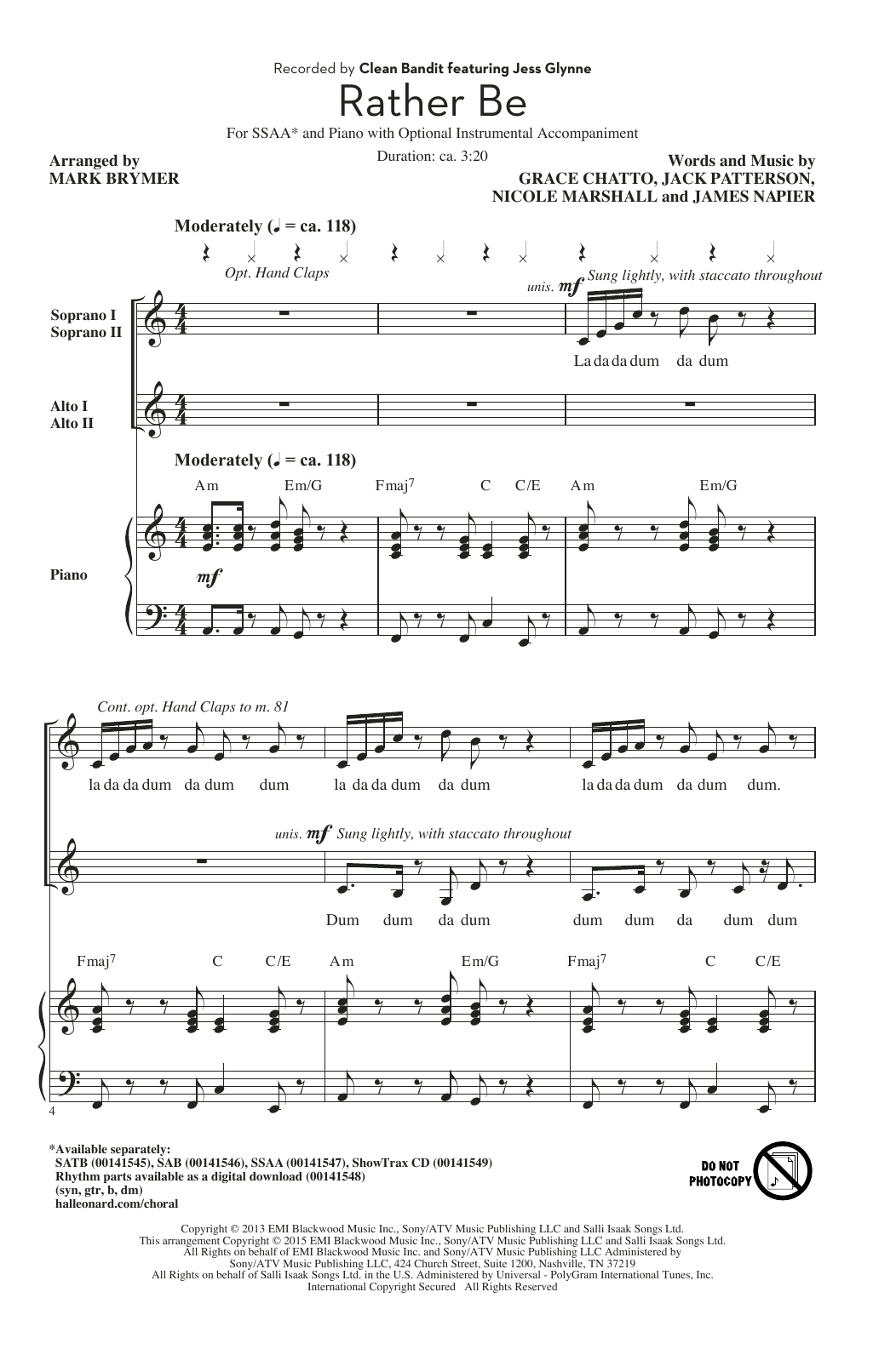 Clean Bandit Rather Be (arr. Mark Brymer) sheet music notes and chords. Download Printable PDF.