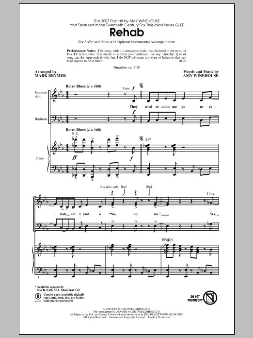 Mark Brymer Rehab sheet music notes and chords. Download Printable PDF.