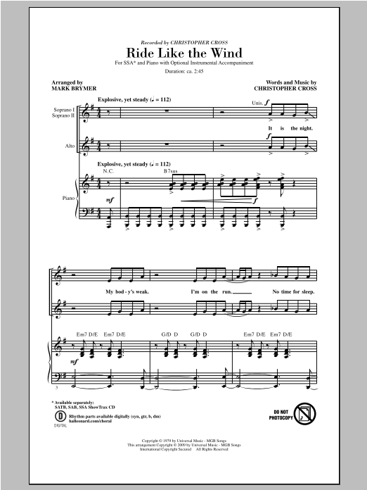 Christopher Cross Ride Like The Wind (arr. Mark Brymer) sheet music notes and chords. Download Printable PDF.