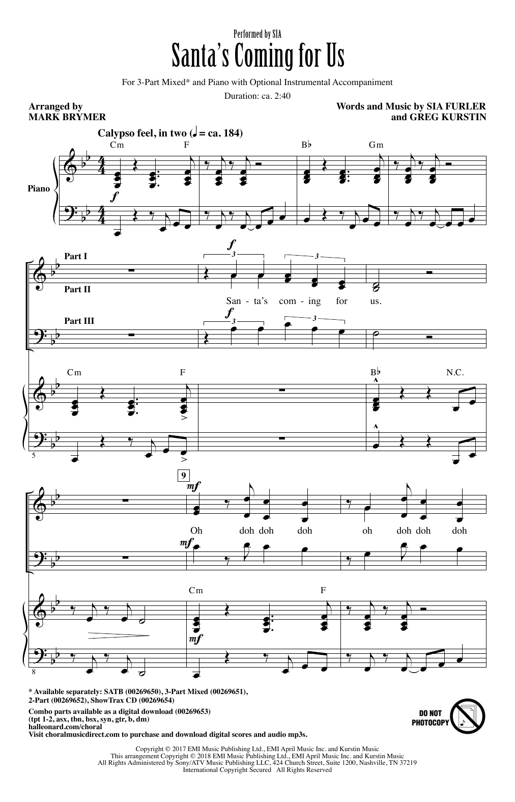 Sia Santa's Coming For Us (arr. Mark Brymer) sheet music notes and chords. Download Printable PDF.