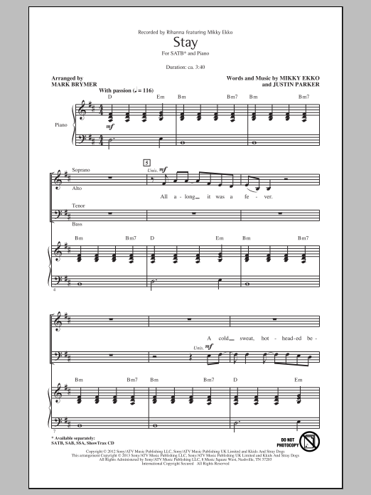 Rihanna Stay (arr. Mark Brymer) sheet music notes and chords. Download Printable PDF.