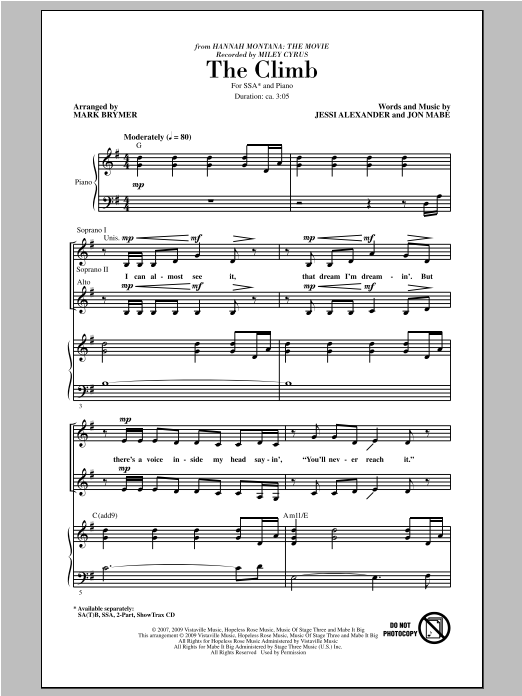 Miley Cyrus The Climb (arr. Mark Brymer) sheet music notes and chords arranged for SSA Choir