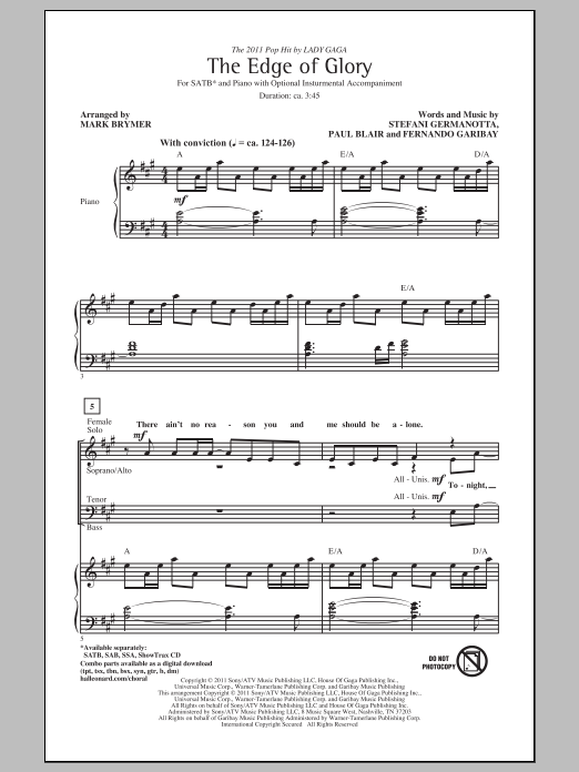 Lady Gaga The Edge Of Glory (arr. Mark Brymer) sheet music notes and chords. Download Printable PDF.