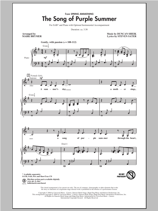 Mark Brymer The Song Of Purple Summer sheet music notes and chords arranged for SAB Choir