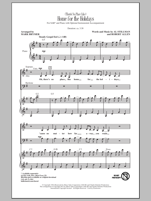 Learn to play Mark Brymer (There's No Place Like) Home For The Holidays sheet music for SAB Choir in minutes. Price: 3.9900$ Mark Brymer (There's No Place Like) Home For The Holidays sheet music notes and chords arranged for SAB Choir
