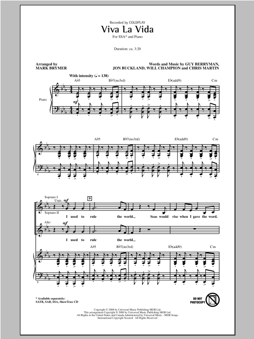 Coldplay Viva La Vida (arr. Mark Brymer) sheet music notes and chords. Download Printable PDF.