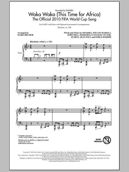 Mark Brymer Waka Waka (This Time For Africa) - The Official 2010 FIFA World Cup Song sheet music notes and chords arranged for SATB Choir