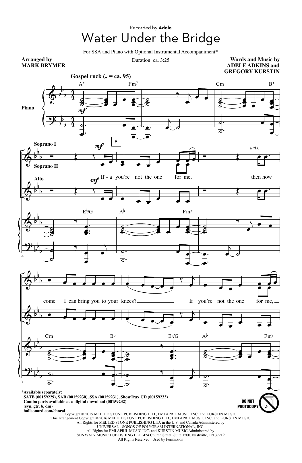 Adele Water Under The Bridge (arr. Mark Brymer) sheet music notes and chords arranged for SSA Choir