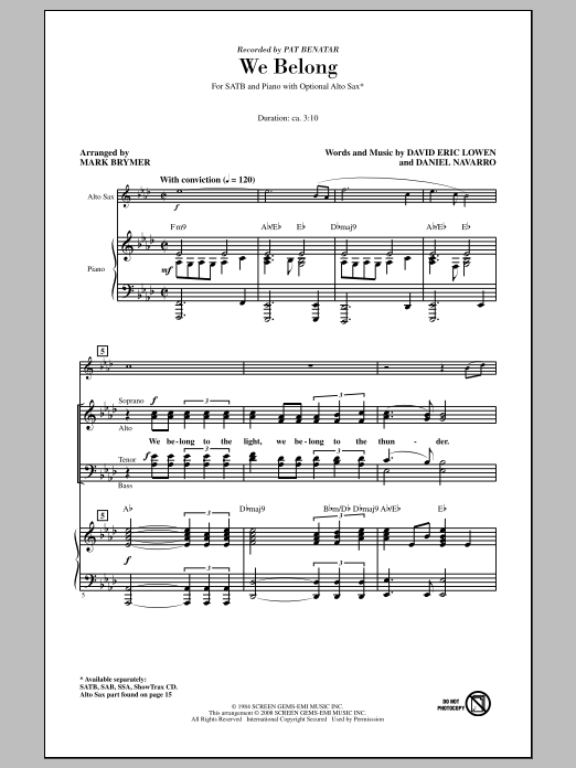 Pat Benatar We Belong (arr. Mark Brymer) sheet music notes and chords. Download Printable PDF.