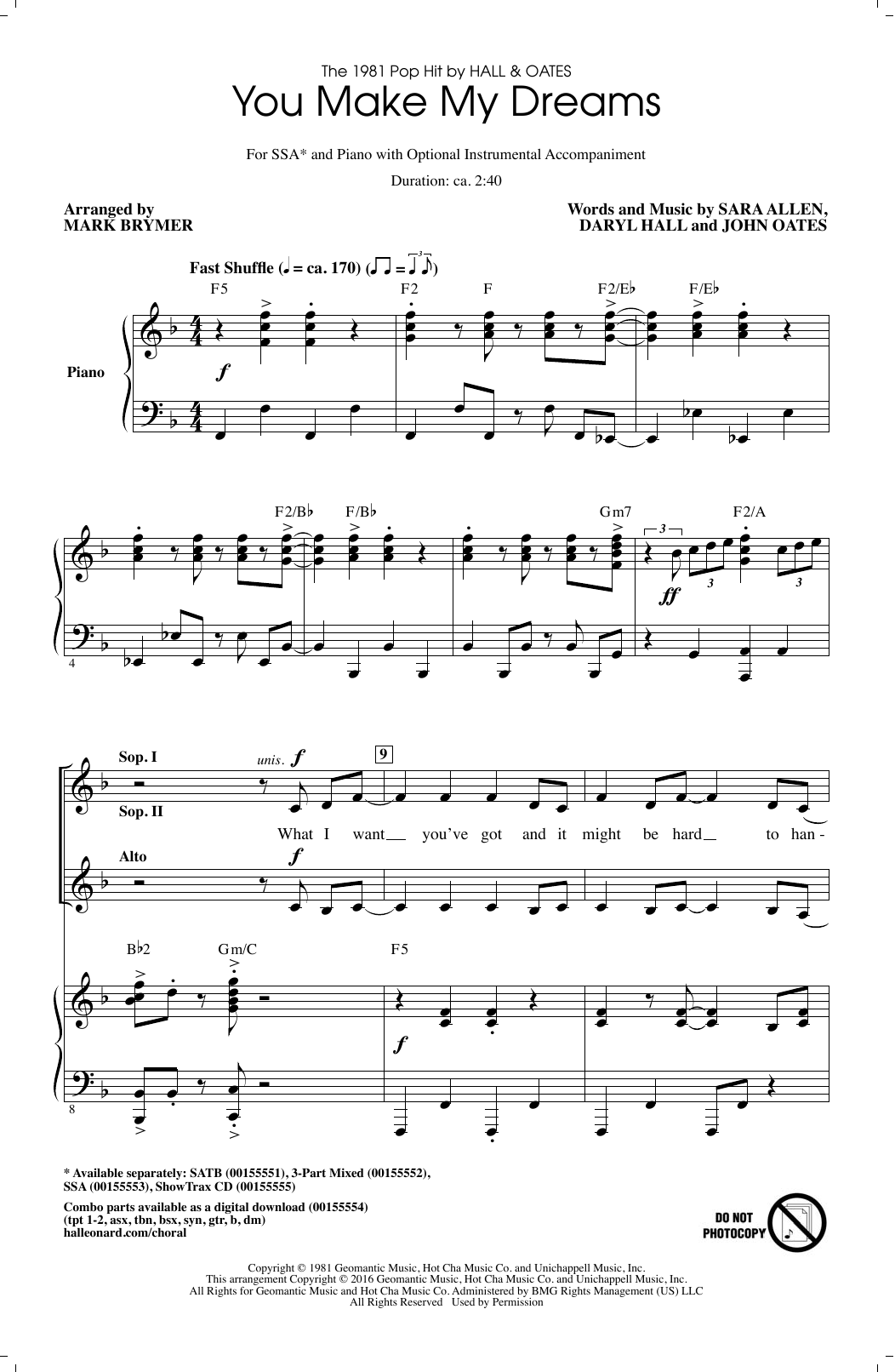 Hall & Oates You Make My Dreams (arr. Mark Brymer) sheet music notes and chords. Download Printable PDF.