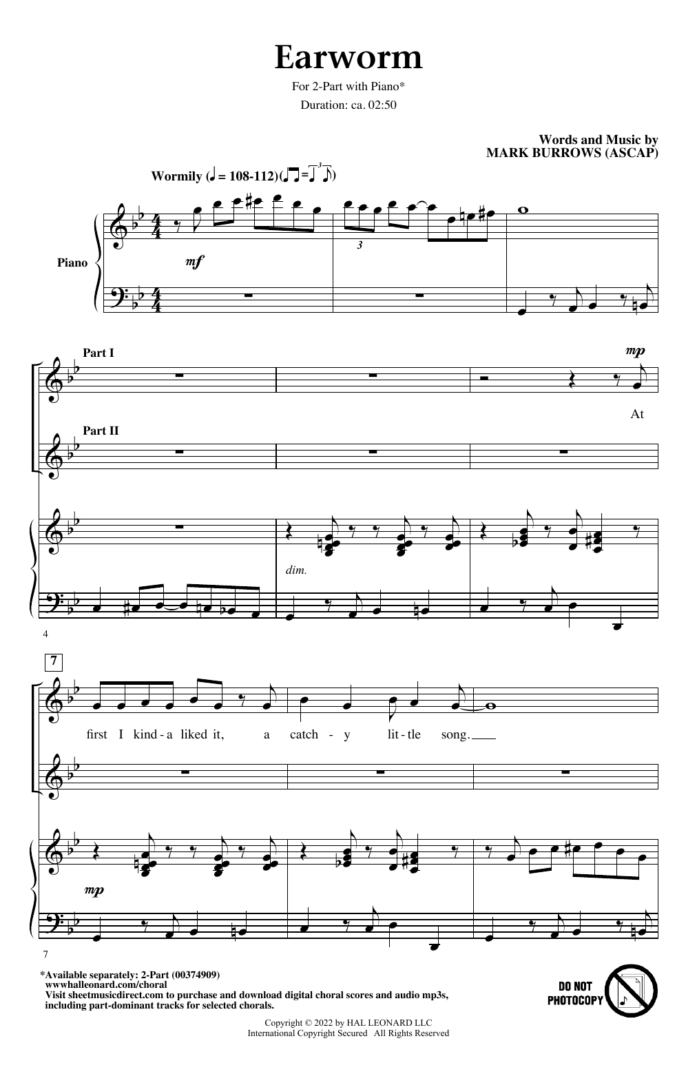 Mark Burrows Earworm sheet music notes and chords. Download Printable PDF.