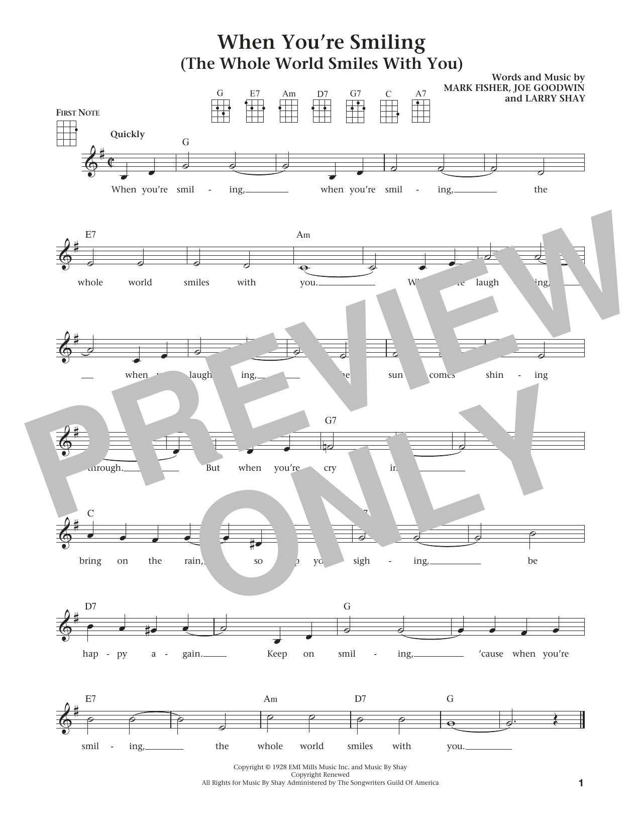 Learn to play Mark Fisher When You're Smiling (The Whole World Smiles With You) (The Daily Ukulele) (arr. Liz and Jim Beloff) sheet music for Ukulele in minutes. Price: 5.9900$ Mark Fisher When You're Smiling (The Whole World Smiles With You) (The Daily Ukulele) (arr. Liz and Jim Beloff) sheet music notes and chords arranged for Ukulele