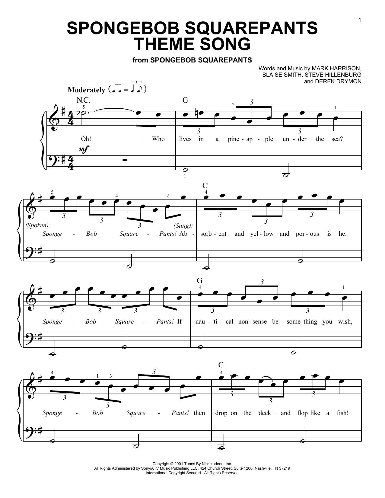 Mark Harrison SpongeBob SquarePants Theme Song sheet music notes and chords arranged for Big Note Piano