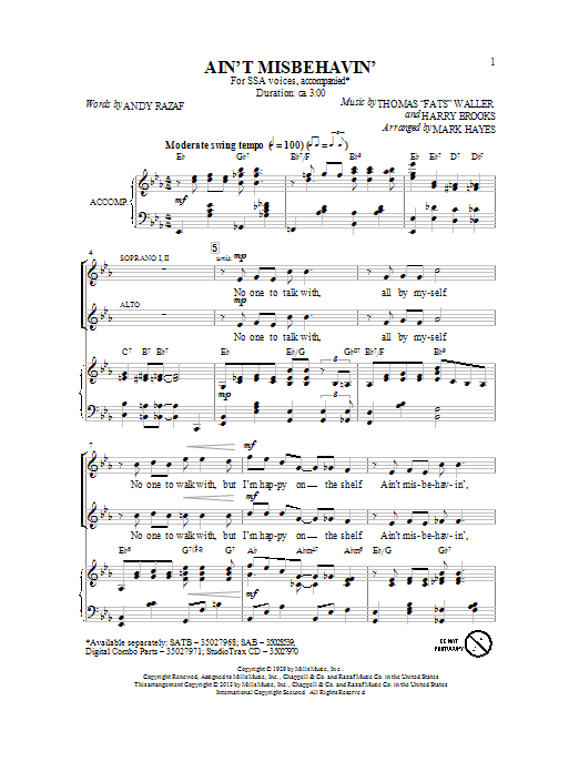 Fats Waller Ain't Misbehavin' (arr. Mark Hayes) sheet music notes and chords. Download Printable PDF.