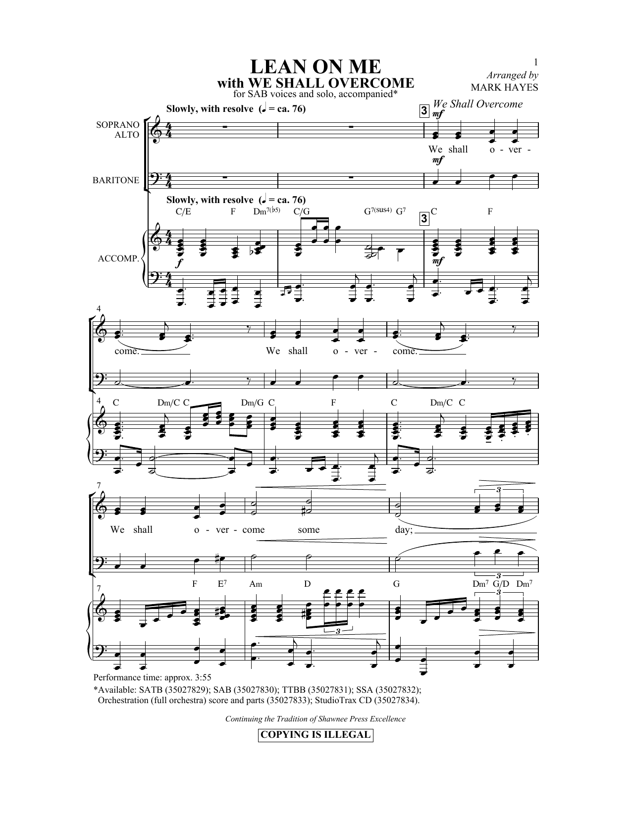 Mark Hayes Lean On Me (with We Shall Overcome) sheet music notes and chords. Download Printable PDF.