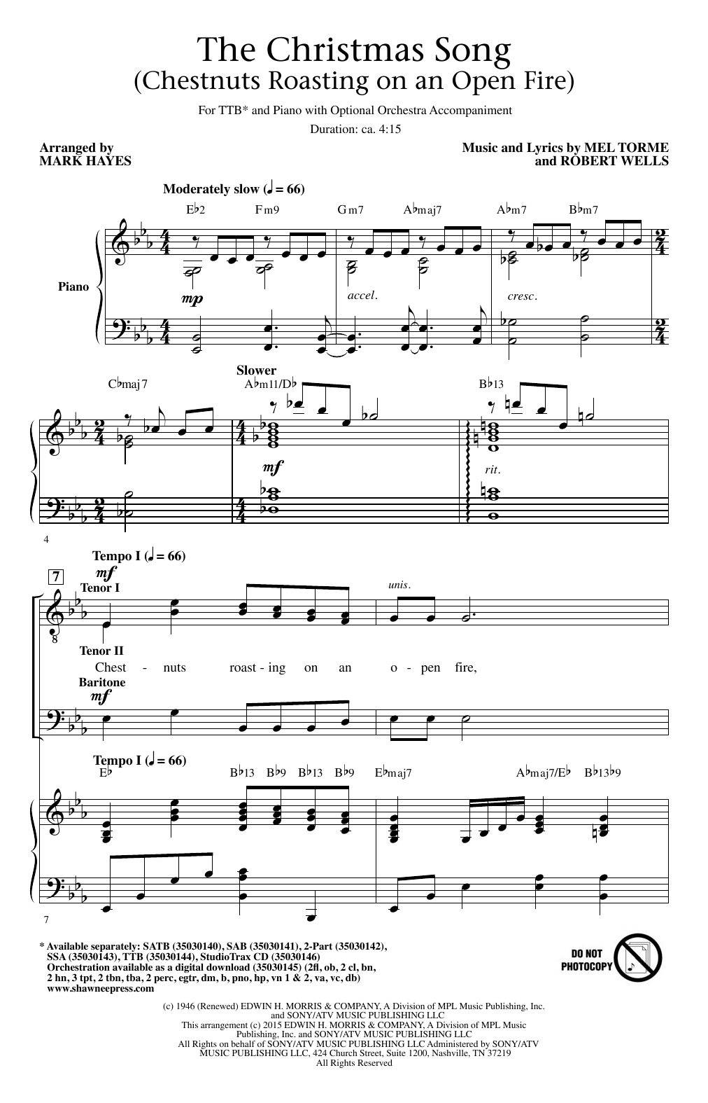 Mel Torme The Christmas Song (Chestnuts Roasting On An Open Fire) (arr. Mark Hayes) sheet music notes and chords. Download Printable PDF.