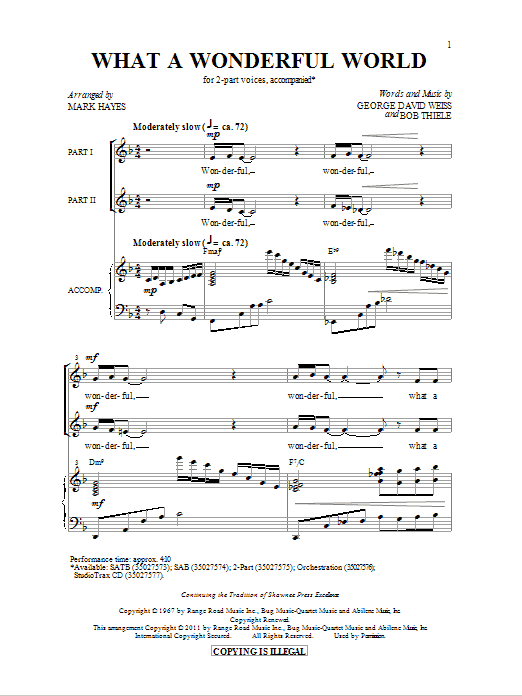 Louis Armstrong What A Wonderful World (arr. Mark Hayes) sheet music notes and chords. Download Printable PDF.