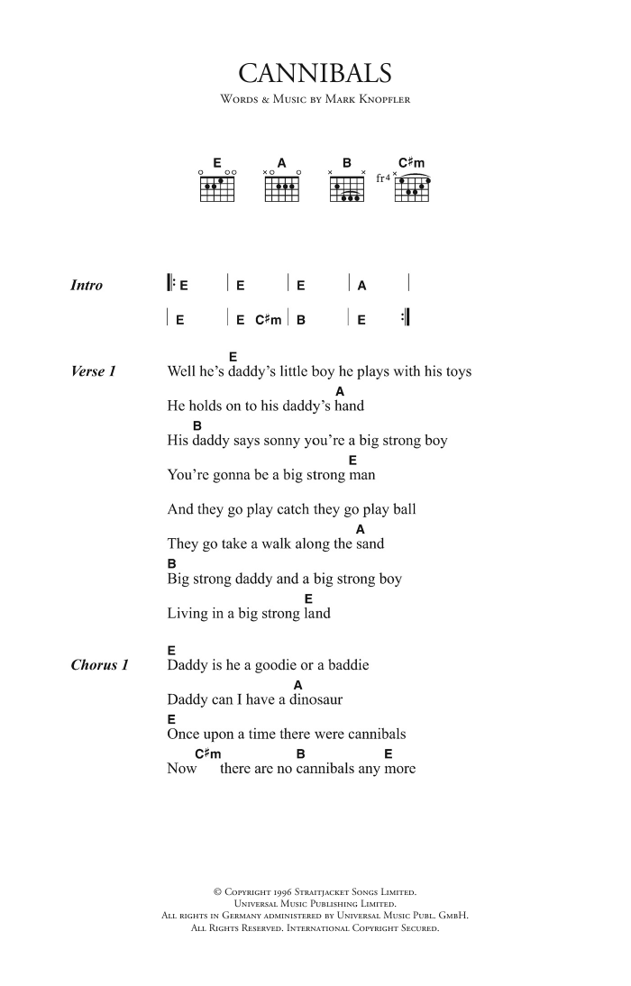 Mark Knopfler Cannibals sheet music notes and chords. Download Printable PDF.