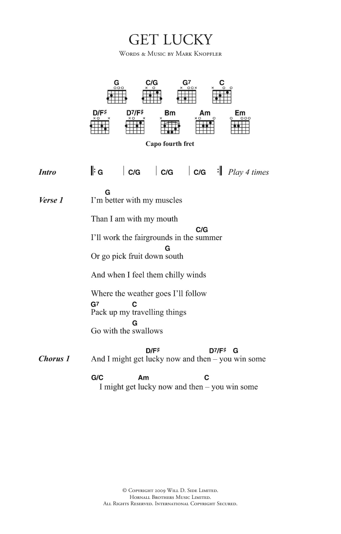 Mark Knopfler Get Lucky sheet music notes and chords. Download Printable PDF.