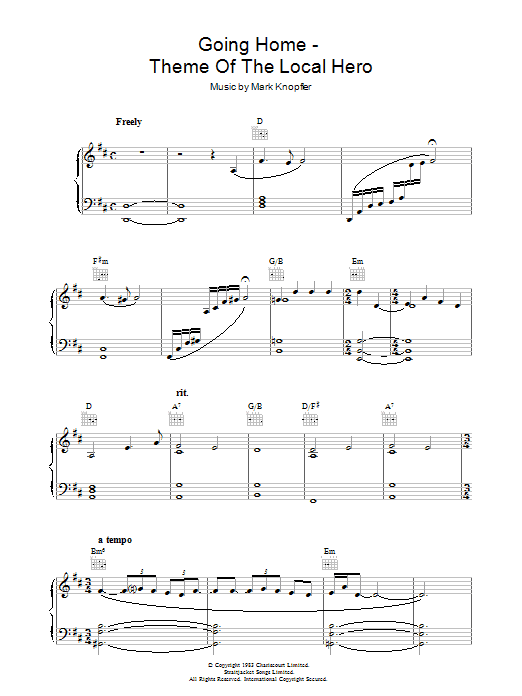 Mark Knopfler Going Home (theme from Local Hero) sheet music notes and chords. Download Printable PDF.