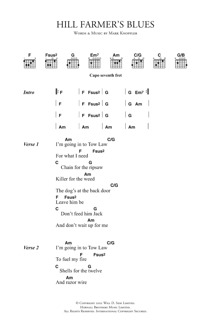 Mark Knopfler Hill Farmer's Blues sheet music notes and chords. Download Printable PDF.