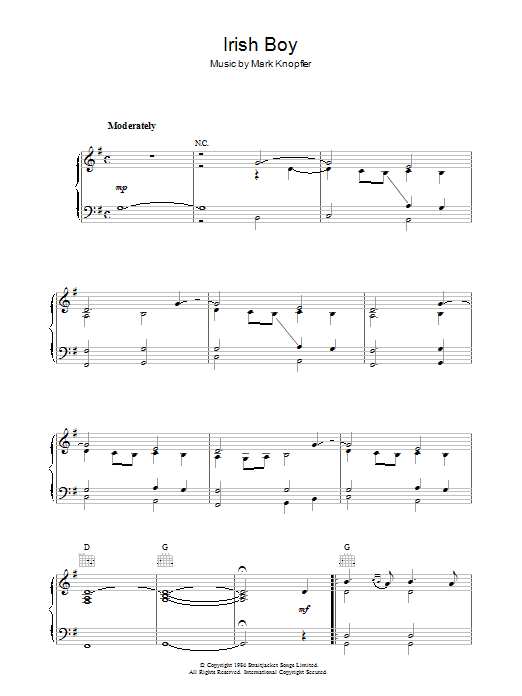 Mark Knopfler Irish Boy (from Cal) sheet music notes and chords arranged for Piano Solo