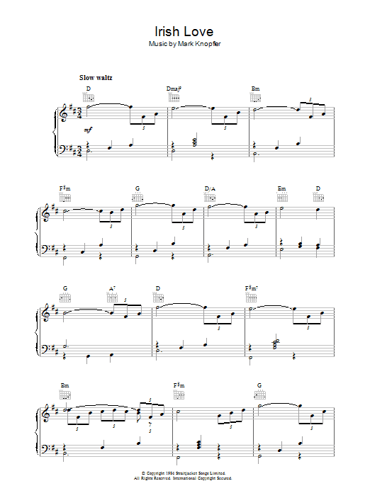 Mark Knopfler Irish Love (from Cal) sheet music notes and chords arranged for Piano Solo