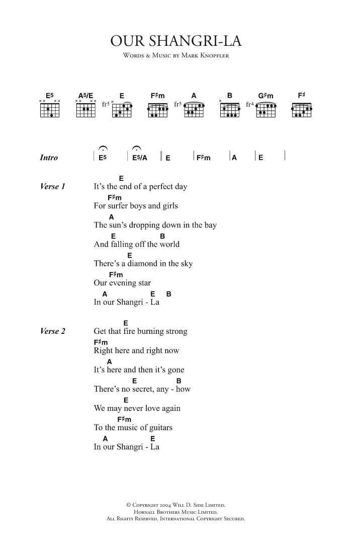 Mark Knopfler Our Shangri-La sheet music notes and chords. Download Printable PDF.