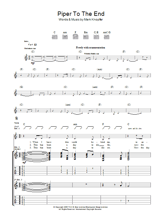 Mark Knopfler Piper To The End sheet music notes and chords. Download Printable PDF.