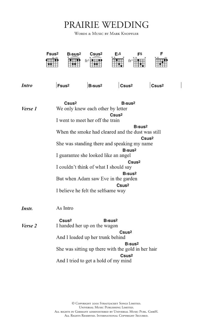 Mark Knopfler Prairie Wedding sheet music notes and chords. Download Printable PDF.