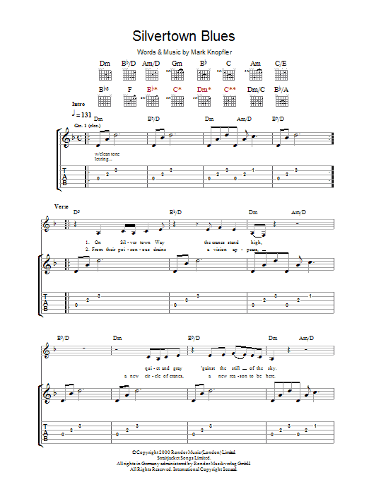 Mark Knopfler Silvertown Blues sheet music notes and chords. Download Printable PDF.