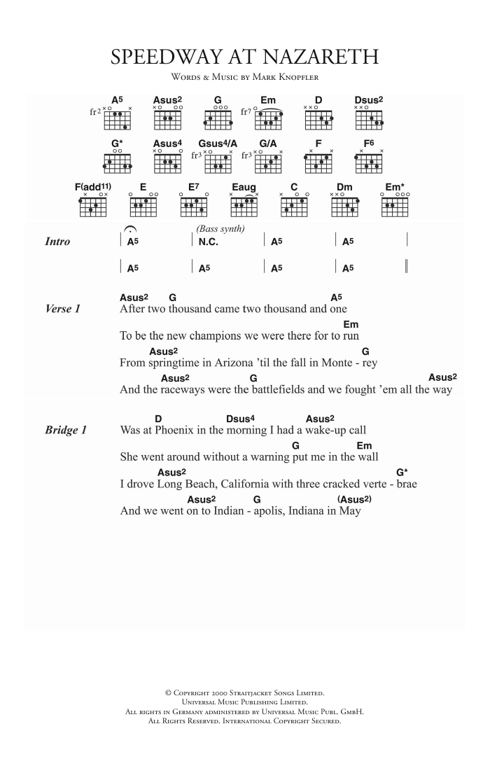 Mark Knopfler Speedway At Nazareth sheet music notes and chords. Download Printable PDF.