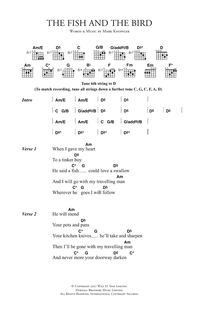 Mark Knopfler The Fish And The Bird sheet music notes and chords. Download Printable PDF.