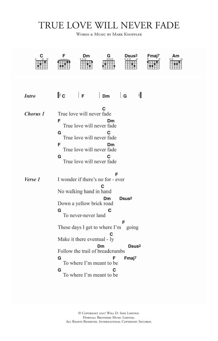 Mark Knopfler True Love Will Never Fade sheet music notes and chords. Download Printable PDF.