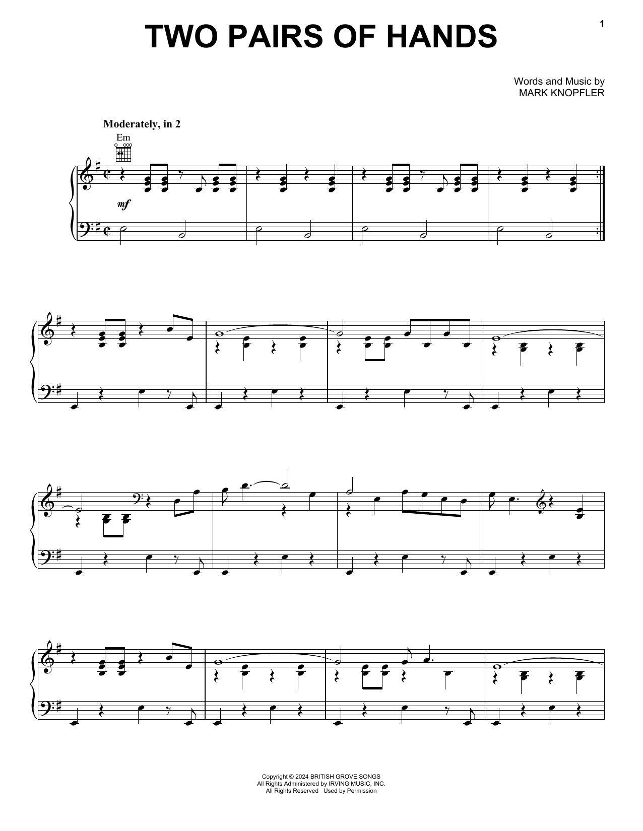 Mark Knopfler Two Pairs Of Hands sheet music notes and chords. Download Printable PDF.