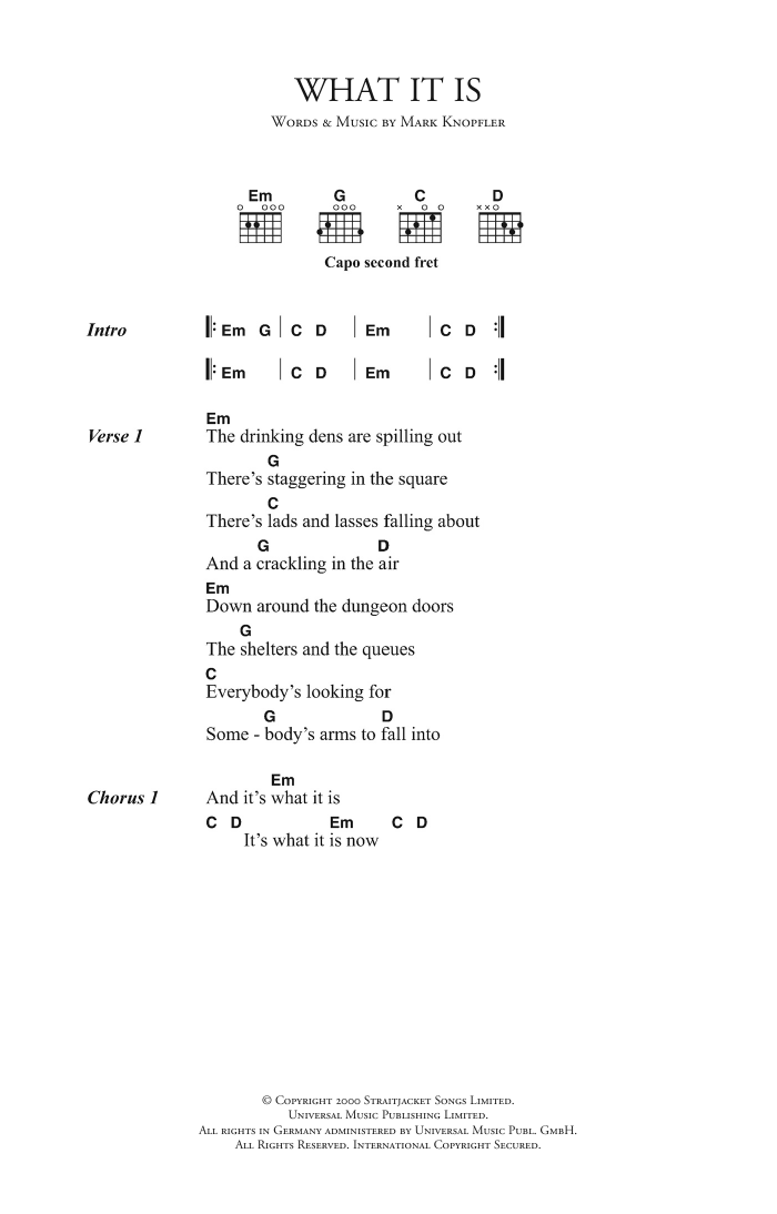 Mark Knopfler What It Is sheet music notes and chords. Download Printable PDF.