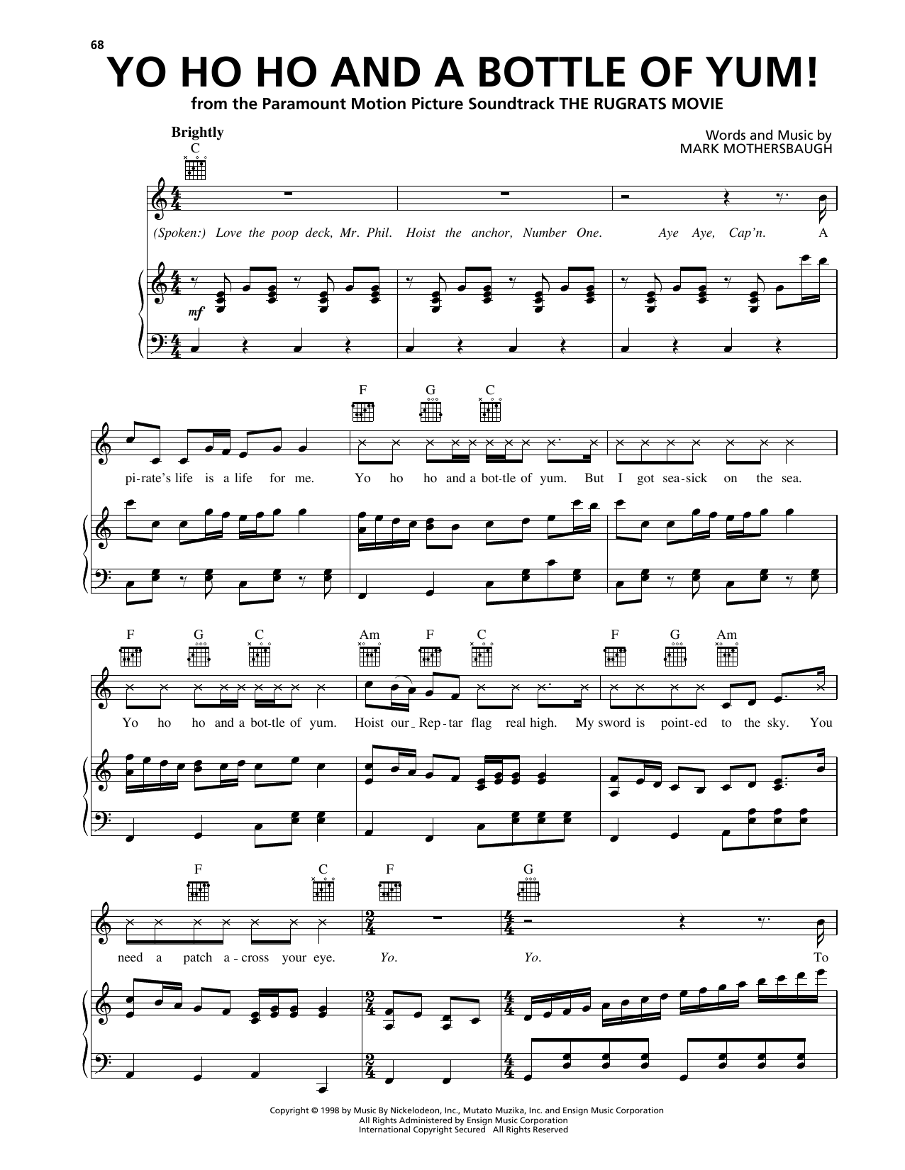 Mark Mothersbaugh Yo Ho Ho And A Bottle Of Yum! (from The Rugrats Movie) sheet music notes and chords. Download Printable PDF.