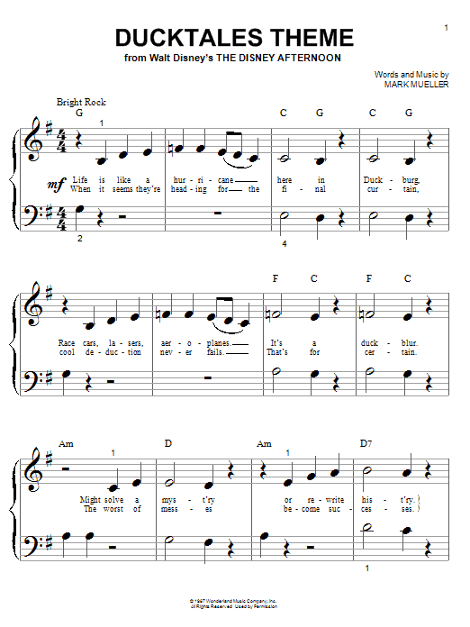 Mark Mueller DuckTales Theme sheet music notes and chords arranged for Easy Piano