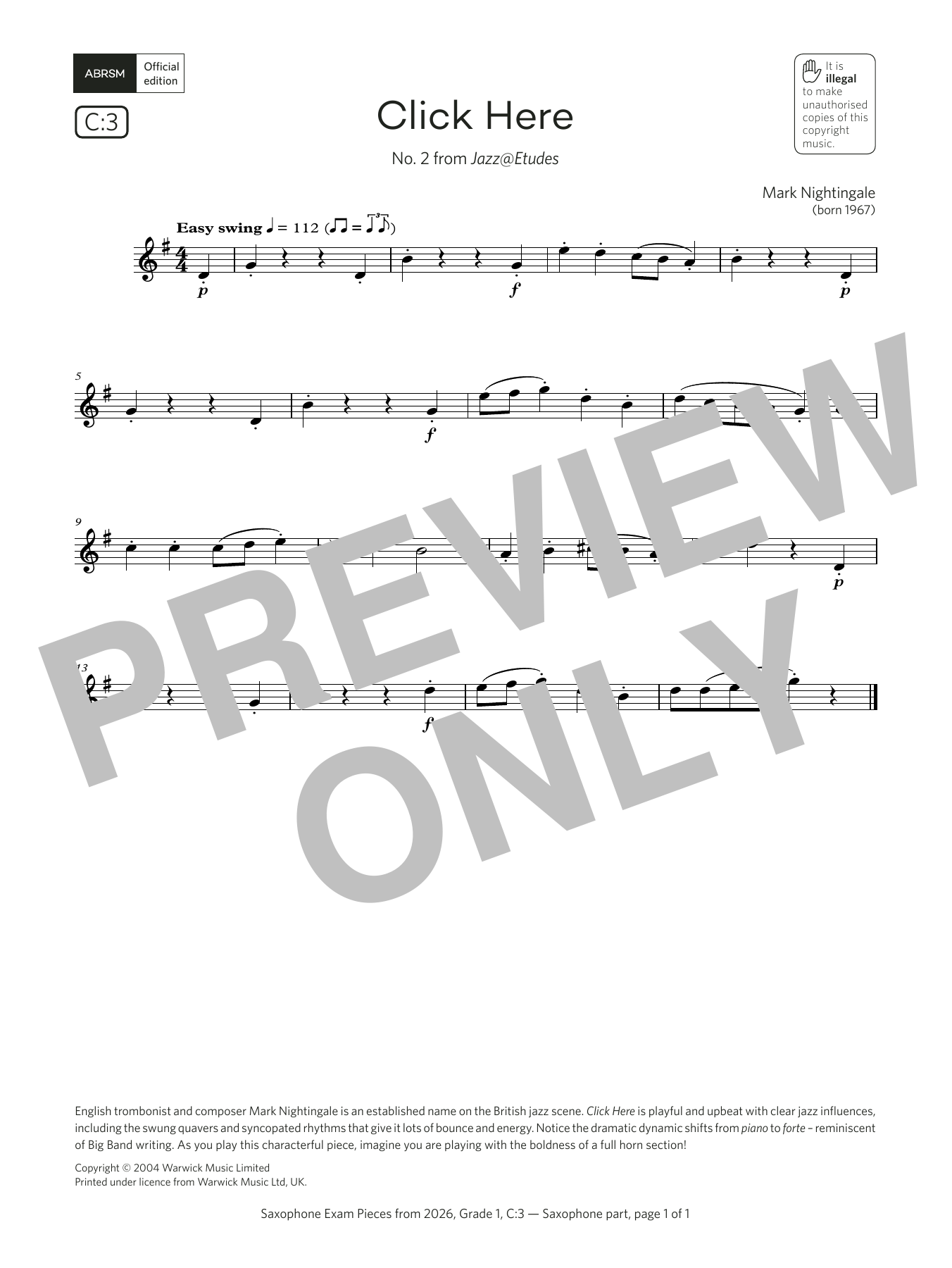 Mark Nightingale Click Here (Grade 1, list C3, from the ABRSM Saxophone Syllabus from 2026) sheet music notes and chords arranged for Alto Sax Solo