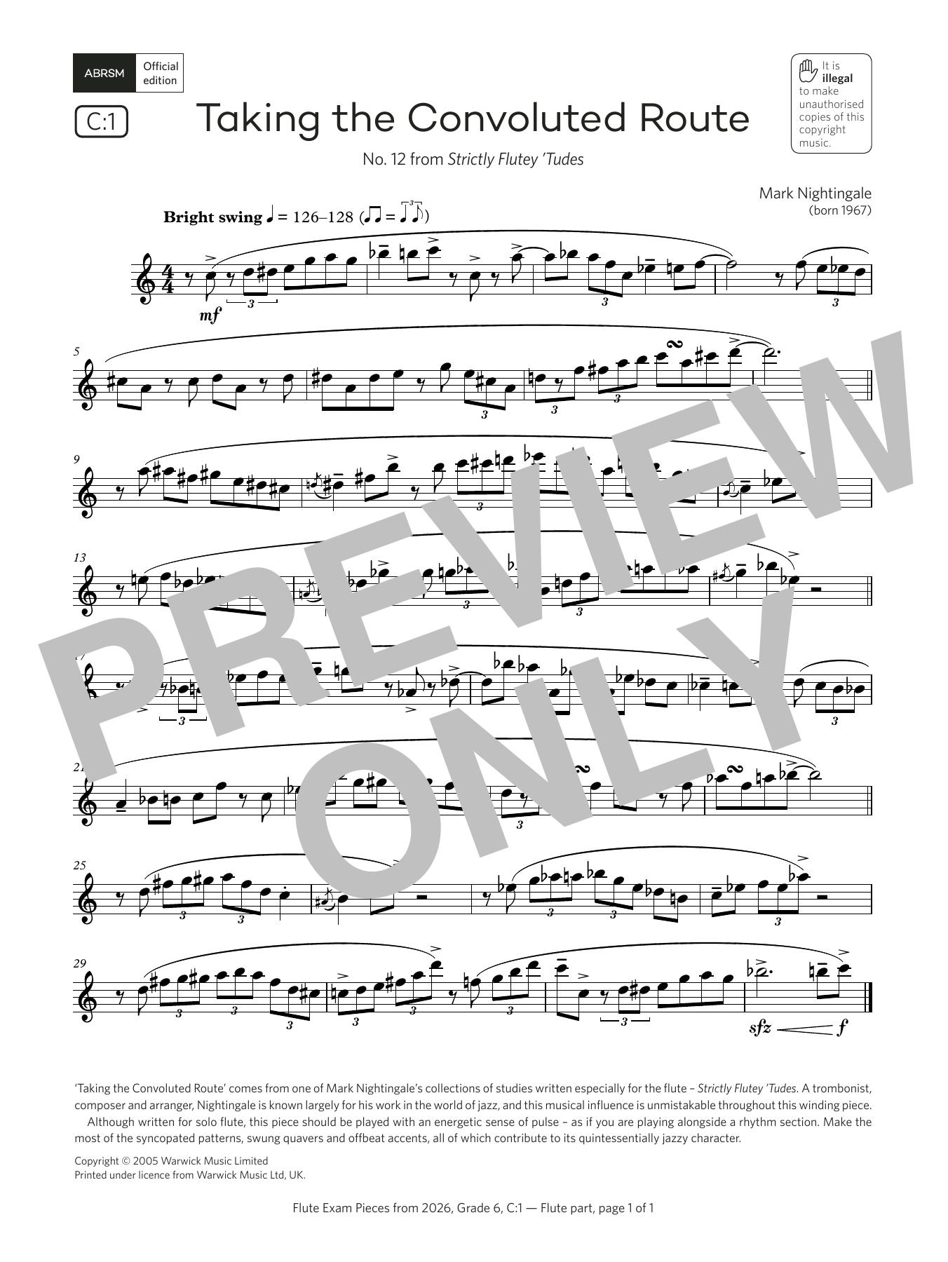 Learn to play Mark Nightingale Taking the Convoluted Route (Grade 6, list C1, from the ABRSM Flute Syllabus from 2026) sheet music for Flute Solo in minutes. Price: 6.9900$ Mark Nightingale Taking the Convoluted Route (Grade 6, list C1, from the ABRSM Flute Syllabus from 2026) sheet music notes and chords arranged for Flute Solo
