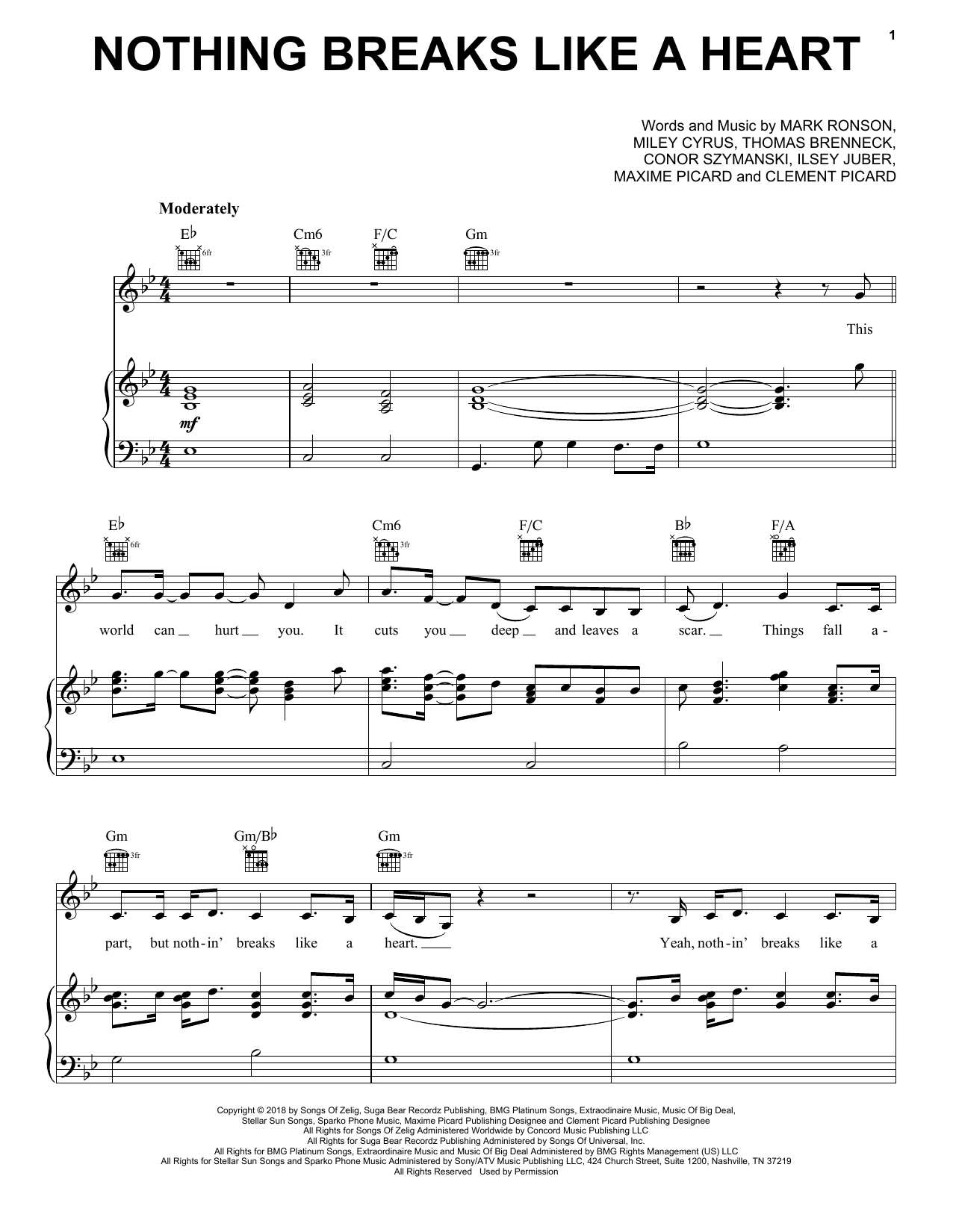 Mark Ronson Nothing Breaks Like A Heart (feat. Miley Cyrus) sheet music notes and chords. Download Printable PDF.