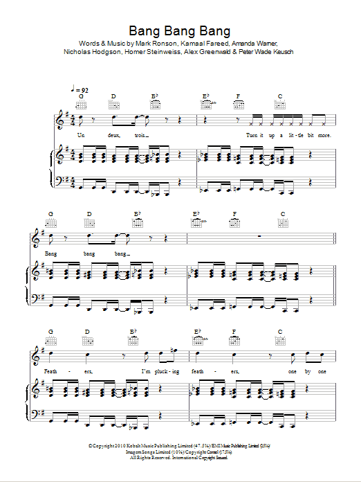 Mark Ronson & The Business Intl. Bang Bang Bang sheet music notes and chords arranged for Piano, Vocal & Guitar Chords