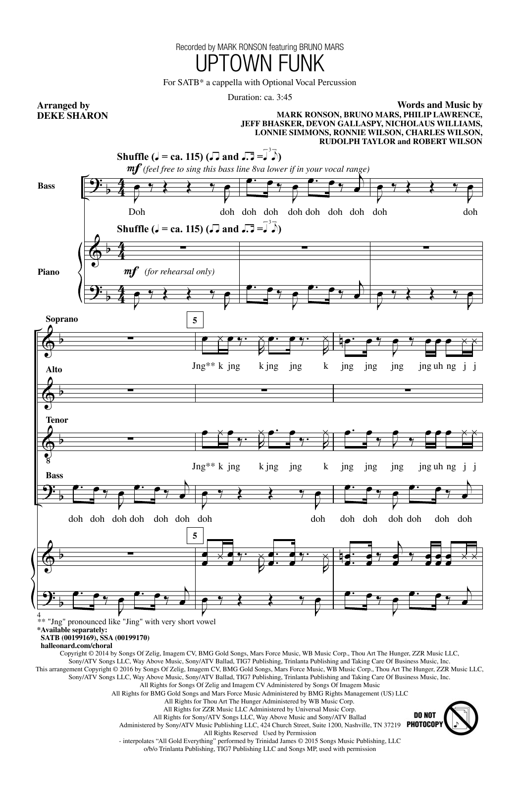 Mark Ronson Uptown Funk (feat. Bruno Mars) (arr. Deke Sharon) sheet music notes and chords. Download Printable PDF.