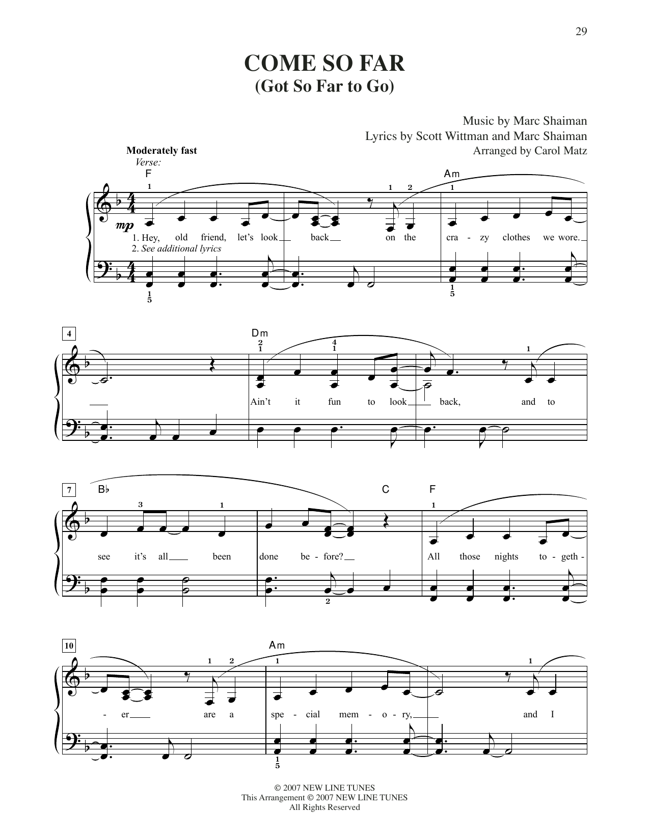 Learn to play Mark Shaiman Come So Far (Got So Far To Go) (from Hairspray) (arr. Carol Matz) sheet music for Easy Piano in minutes. Price: 6.9900$ Mark Shaiman Come So Far (Got So Far To Go) (from Hairspray) (arr. Carol Matz) sheet music notes and chords arranged for Easy Piano