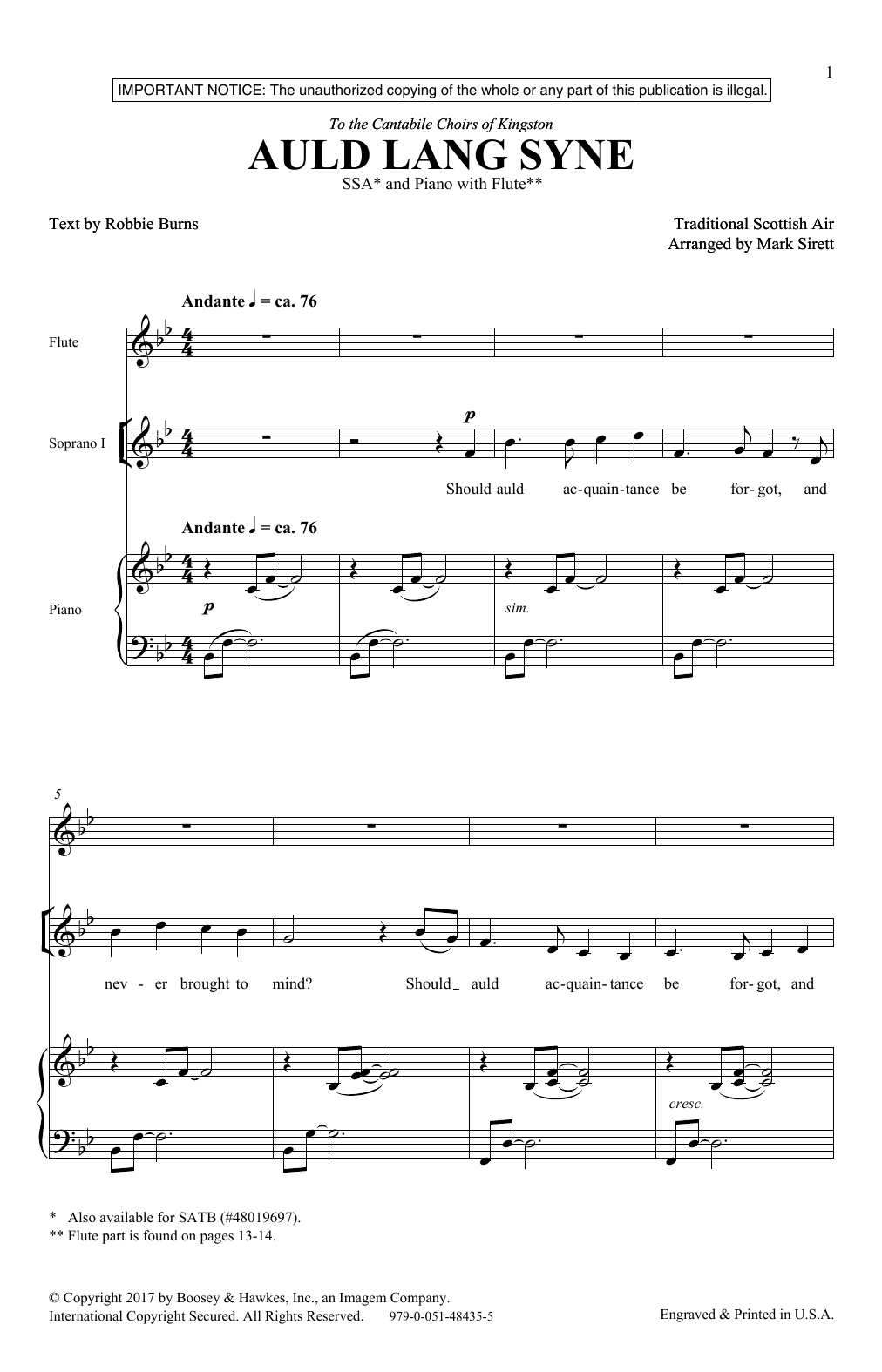 Mark Sirett Auld Lang Syne sheet music notes and chords. Download Printable PDF.